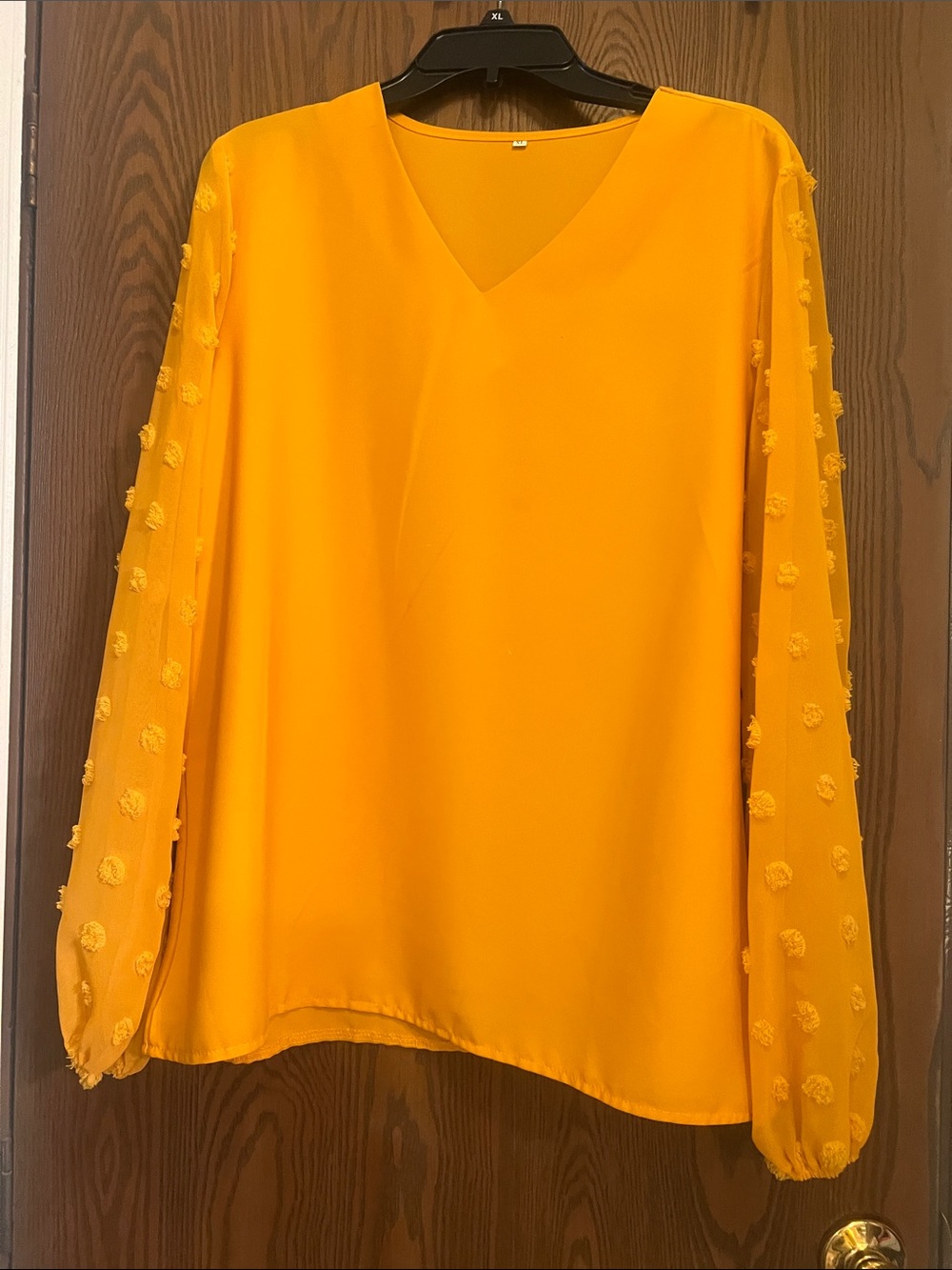 V-Neck Long-Sleeve Blouse in Mustard Yellow with Textured Sheer Sleeves